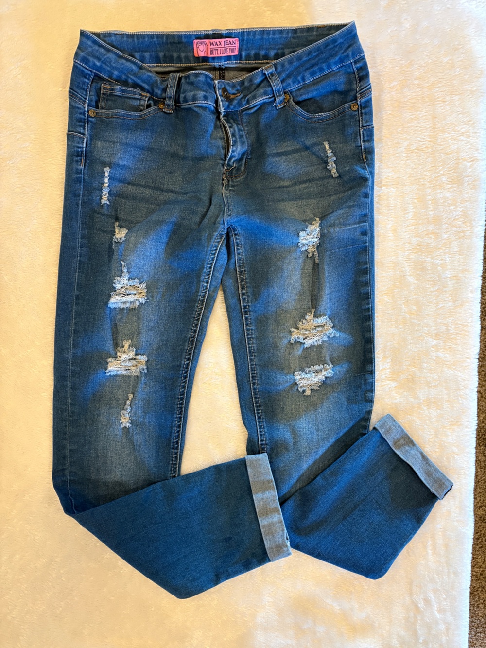 Wax Jean Distressed Dark Blue Boyfriend Jeans